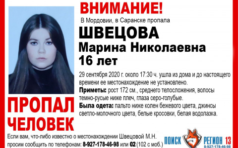 В Саранске пропала без вести 16-летняя Марина Швецова